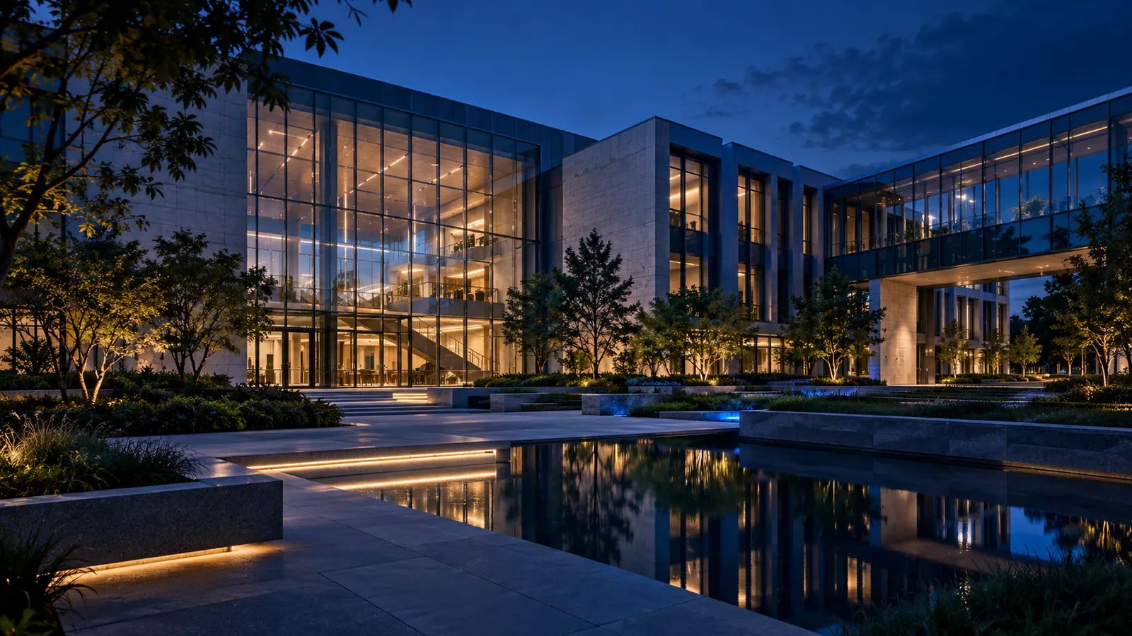 university research courtyard at blue hour