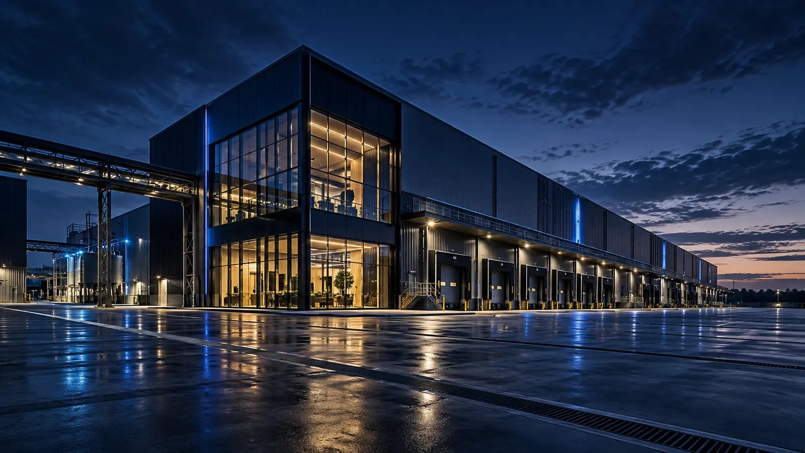 steel-and-glass enterprise campus at blue hour