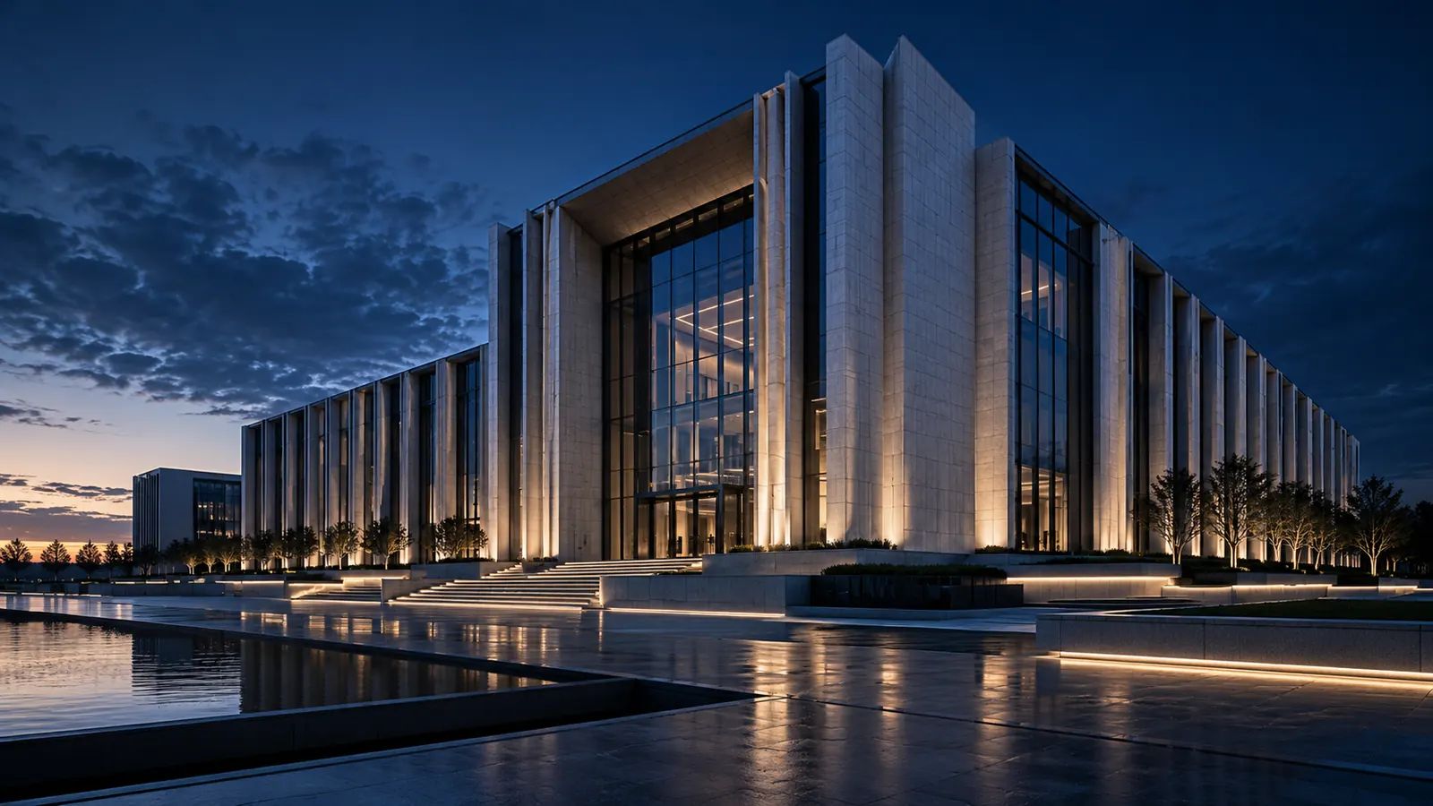 civic building with limestone columns at blue hour